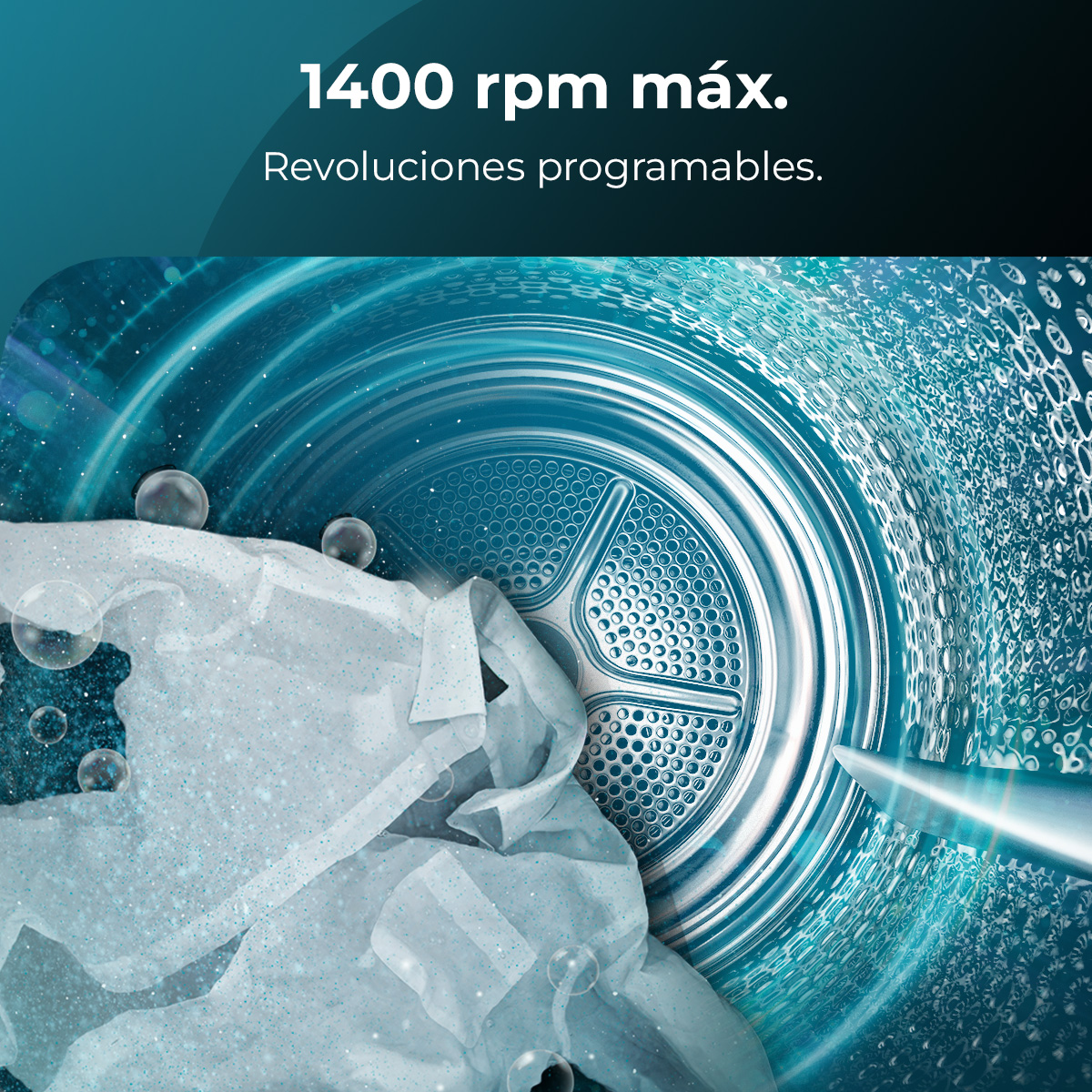 Un tambor de lavadora con ropa. Burbujas flotan a su alrededor. El texto dice '1400 rpm máx' y 'Revoluciones programables'.