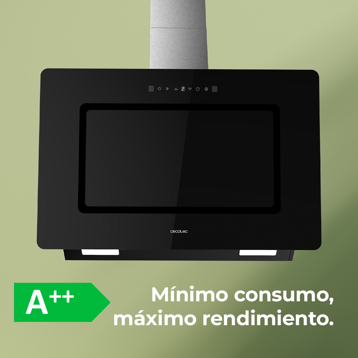 Cappa da cucina nera con frontale in vetro. Ha pulsanti di controllo e una luce. Etichetta energetica verde con testo in basso.