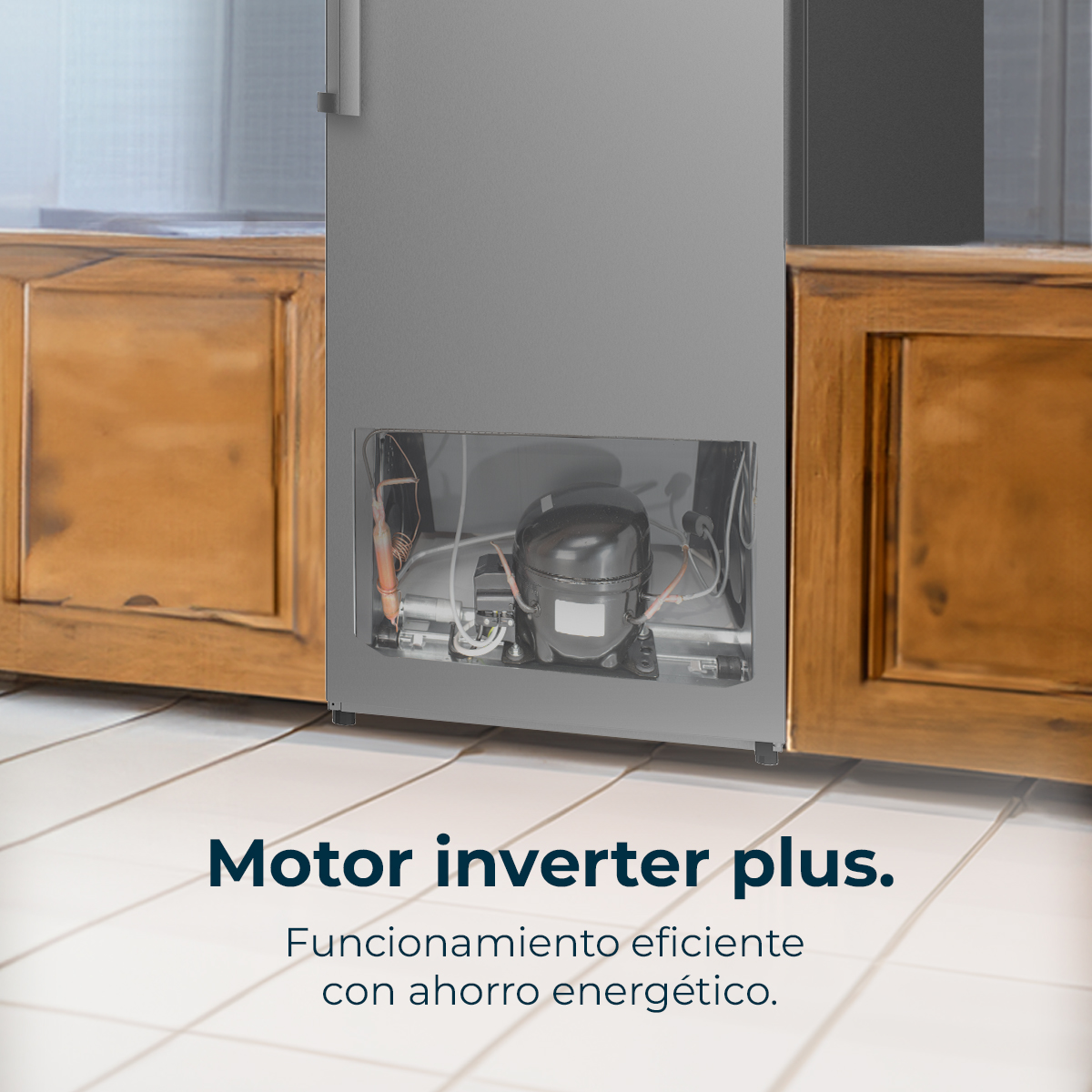 Es visible un motor de refrigerador. Es un motor negro con una vista clara de los componentes internos. El texto dice 'Motor inverter plus.'