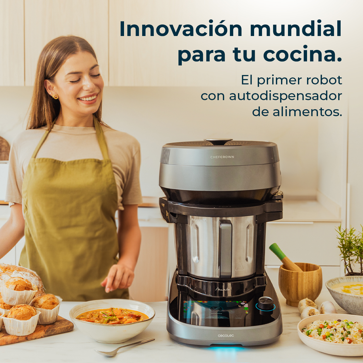 Una mujer sonríe cerca de un robot de cocina. Varios platos e ingredientes están en la encimera.