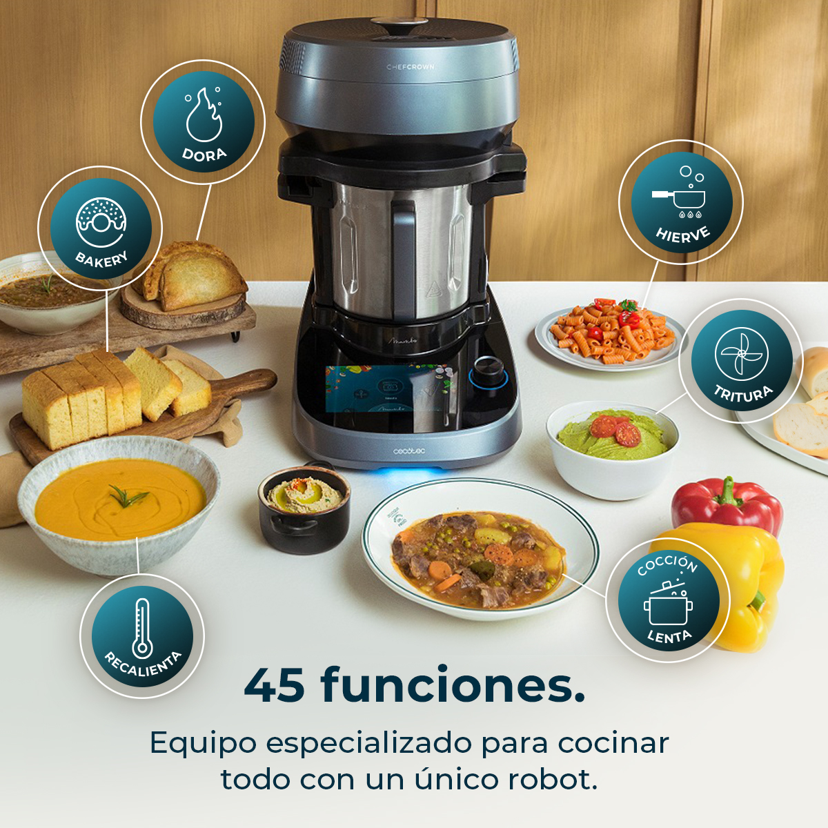 Un procesador de alimentos con varios platos alrededor, que indican diferentes funciones de cocción. El texto dice '45 funciones'.