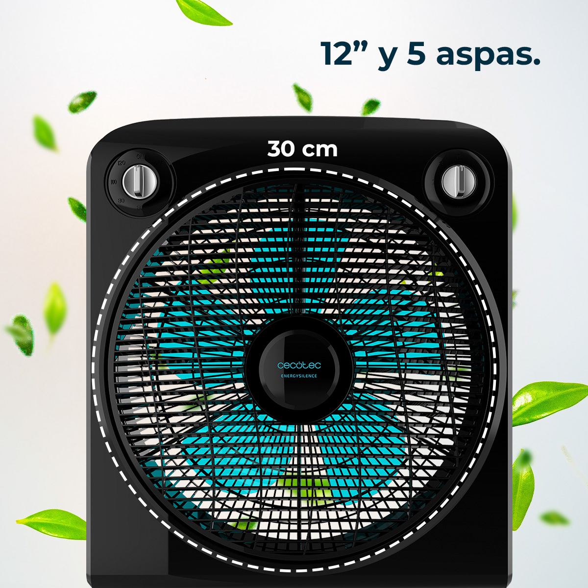 Czarny wentylator z niebieskimi łopatkami. Tekst: 12" i 5 łopatek. Pływające liście rozproszone wokół.