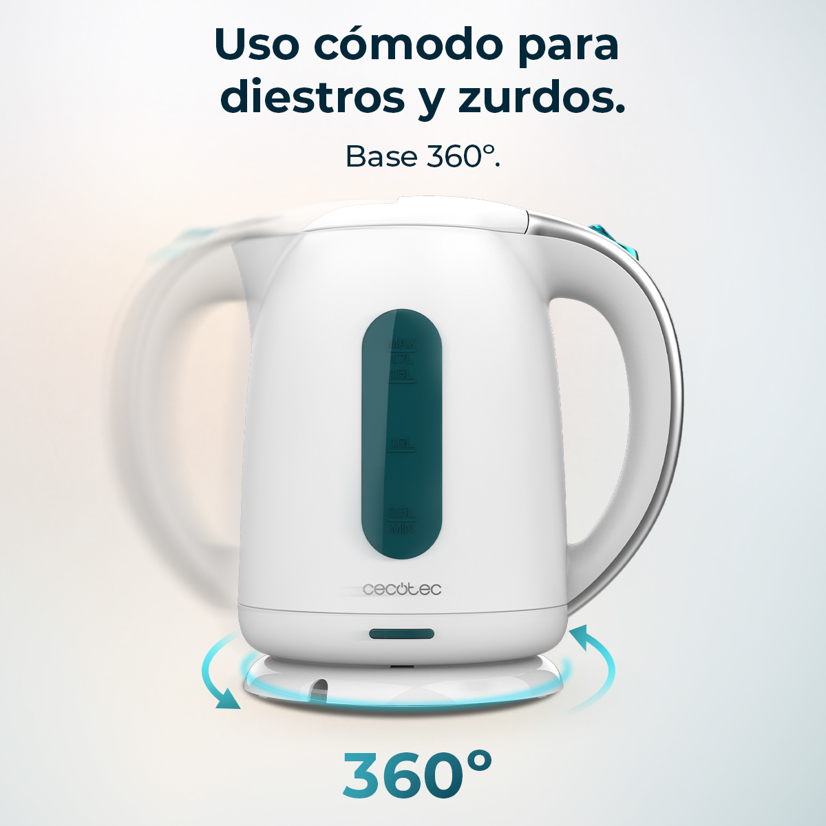 Bollitore elettrico bianco su base a 360°. Ha un indicatore di livello dell'acqua verde ed è visibile il marchio 'cecotec'.