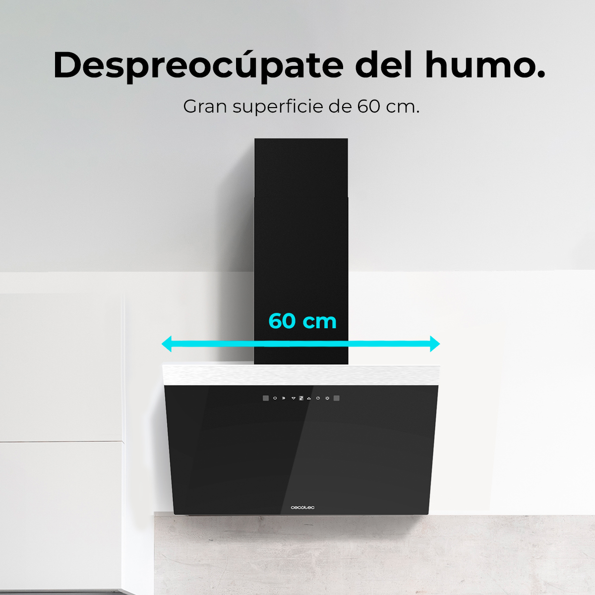 Cappa da cucina nera con superficie di 60 cm. Testo spagnolo: 'Despreocúpate del humo' e 'Gran superficie de 60 cm'.