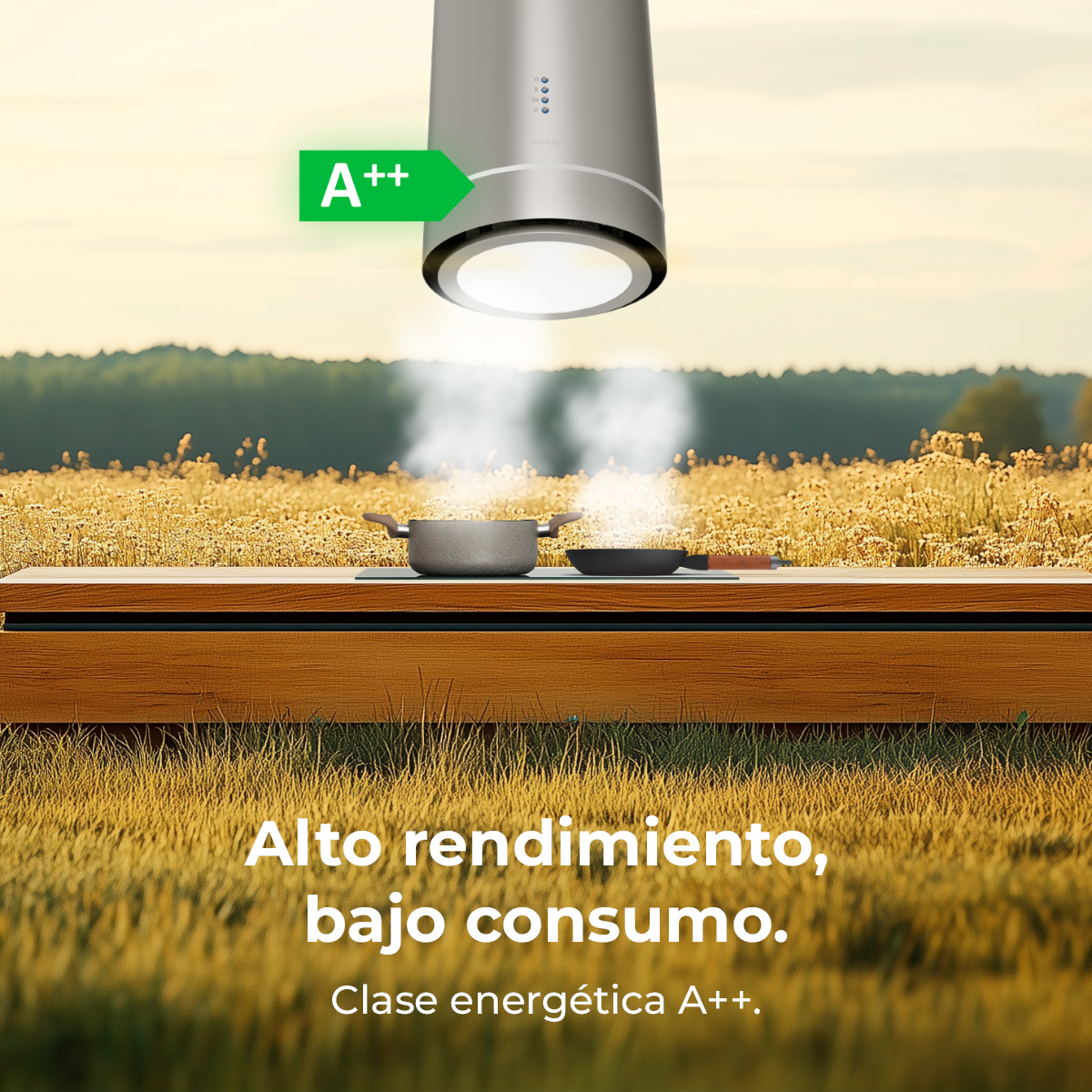 Escena de cocina con campana extractora, ollas y sartenes sobre una mesa de madera. Se muestra la clasificación energética A++. El fondo es un campo.