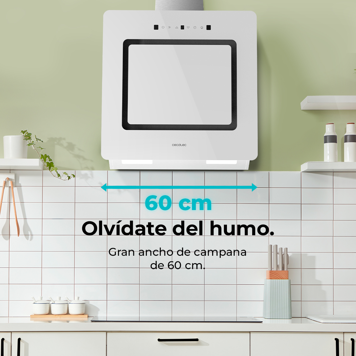 Campana extractora blanca con borde negro sobre pared alicatada. Texto: '60 cm, Olvídate del humo', con utensilios de cocina en la encimera.