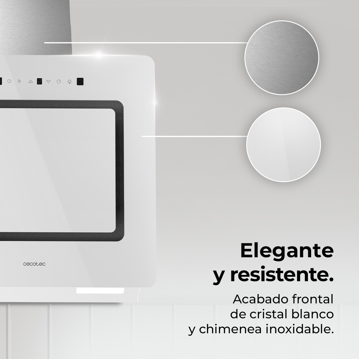 Campana extractora blanca con borde negro, círculos de acero inoxidable y blancos. Texto: 'Elegante y resistente'.