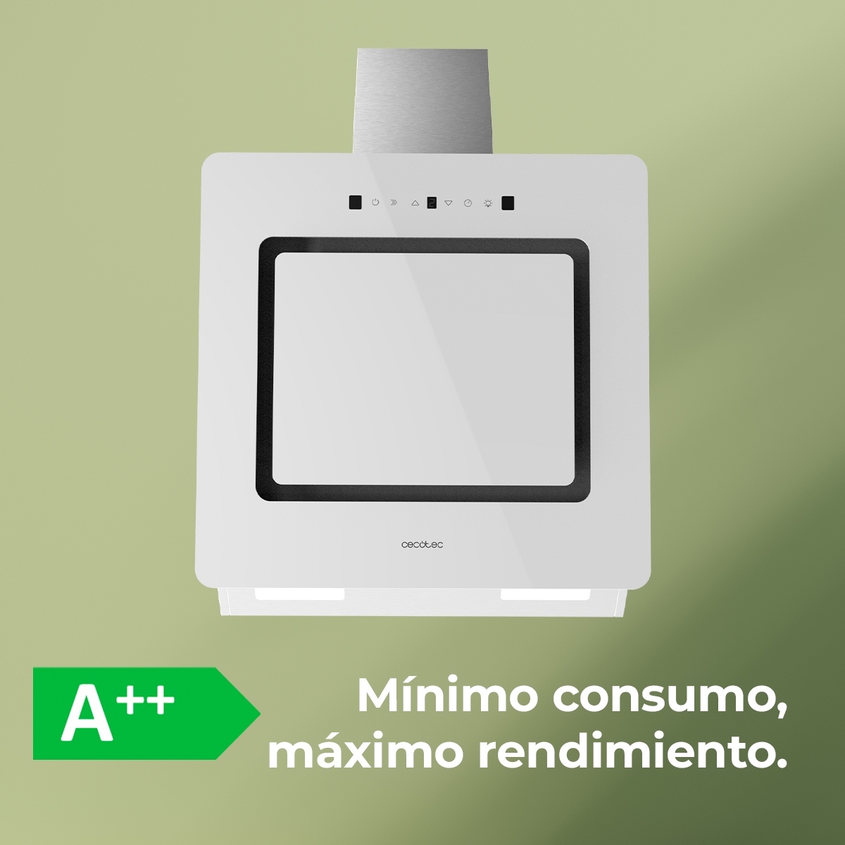 Campana extractora blanca con marco negro y etiqueta de eficiencia energética verde. Texto: 'Mínimo consumo, máximo rendimiento'.