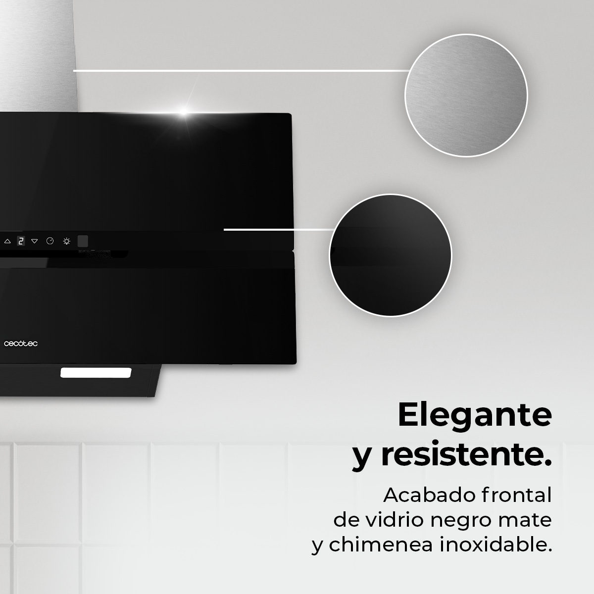 Campana extractora negra con frontal de vidrio. Texto: Elegante y resistente. Acabado frontal en vidrio negro mate y chimenea de acero inoxidable.