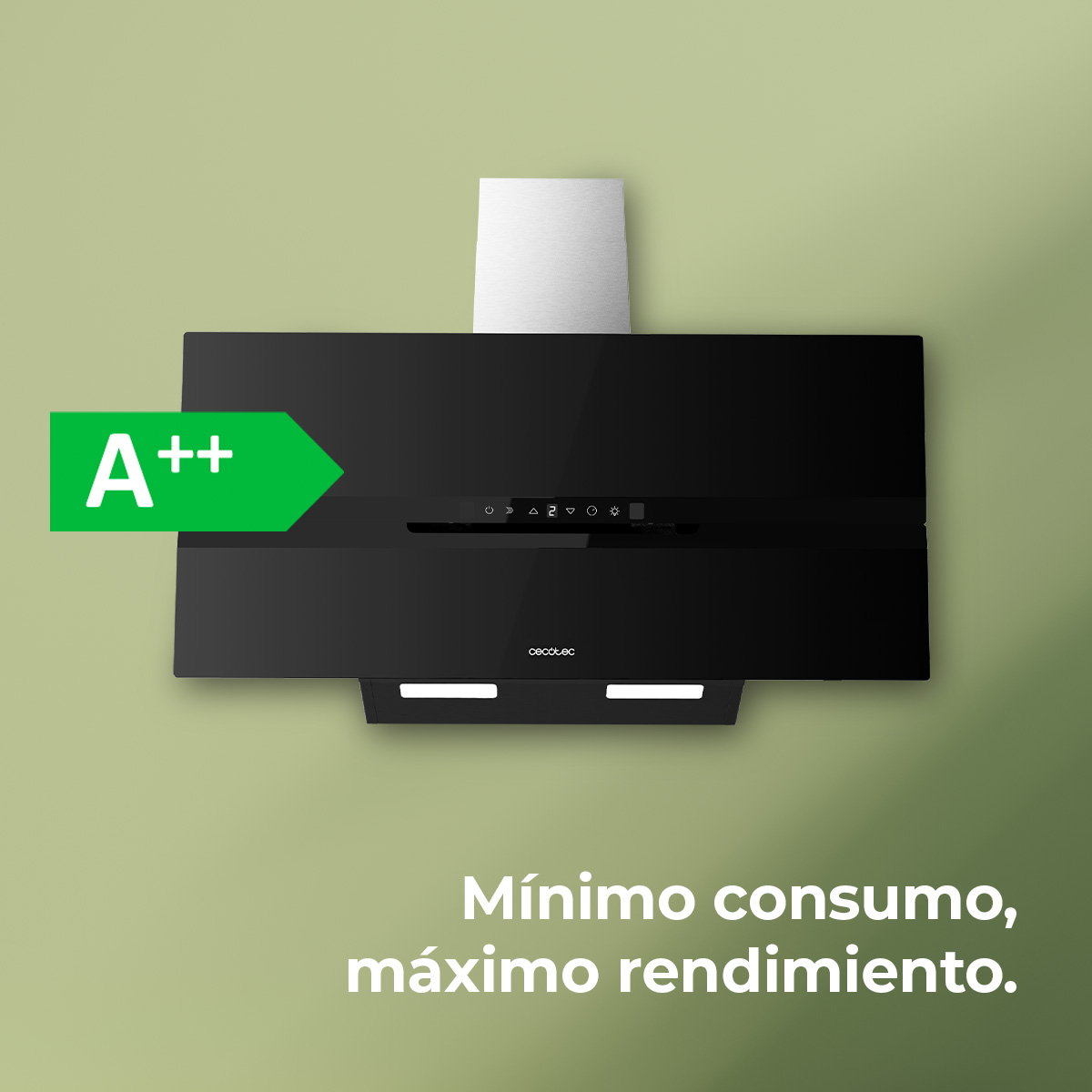 Campana de cocina negra con etiqueta A++. Fondo verde con texto en español: mínimo consumo, máximo rendimiento.