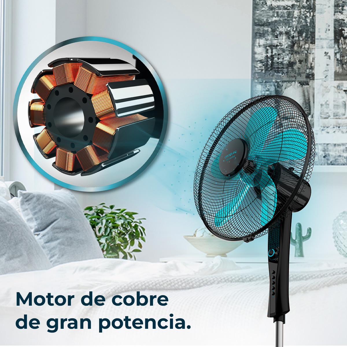 Czarny i turkusowy wentylator ze szczegółami silnika miedzianego. Wentylator znajduje się w sypialni.