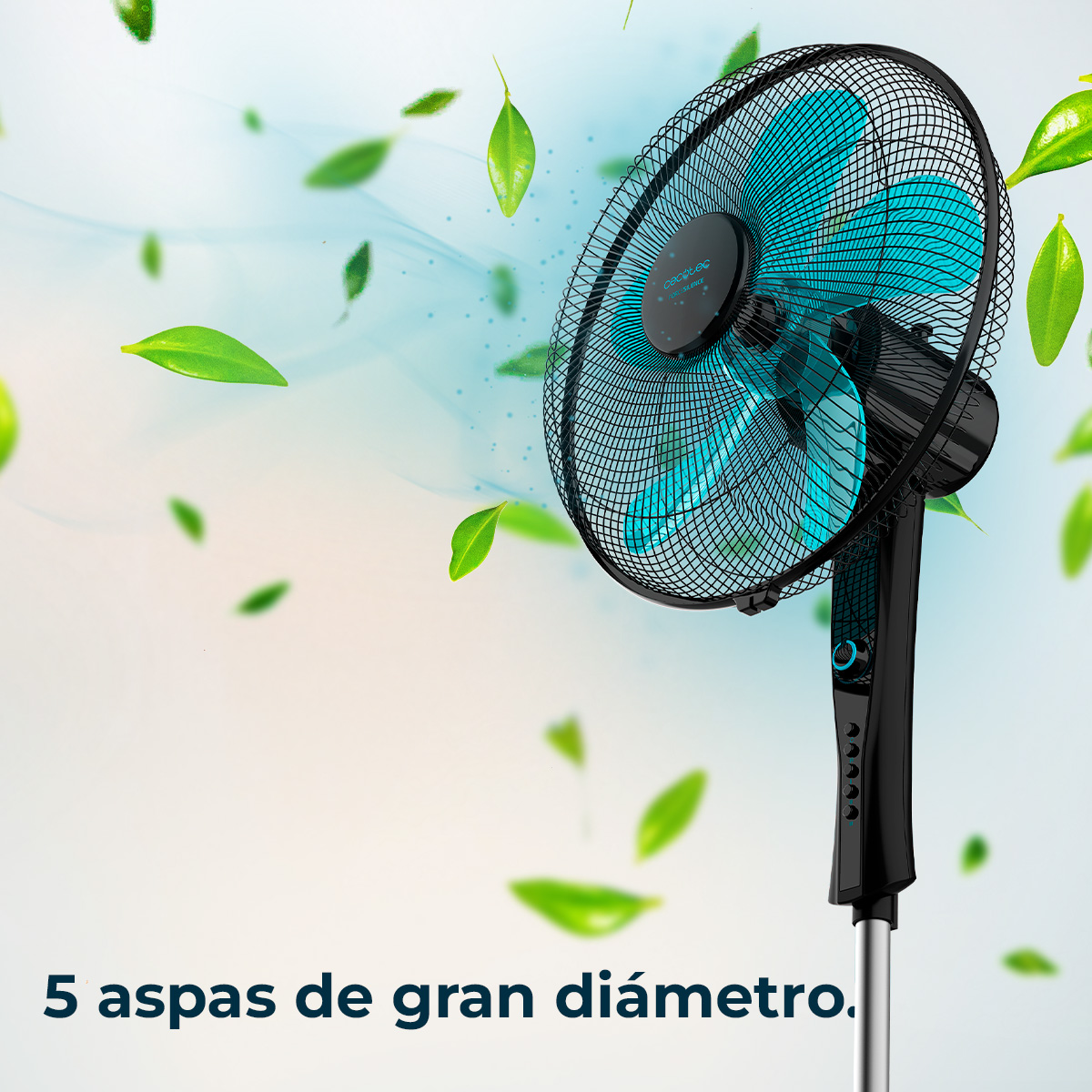 Czarny i turkusowy wentylator z pięcioma łopatkami. Zielone liście rozrzucone wokół wentylatora.