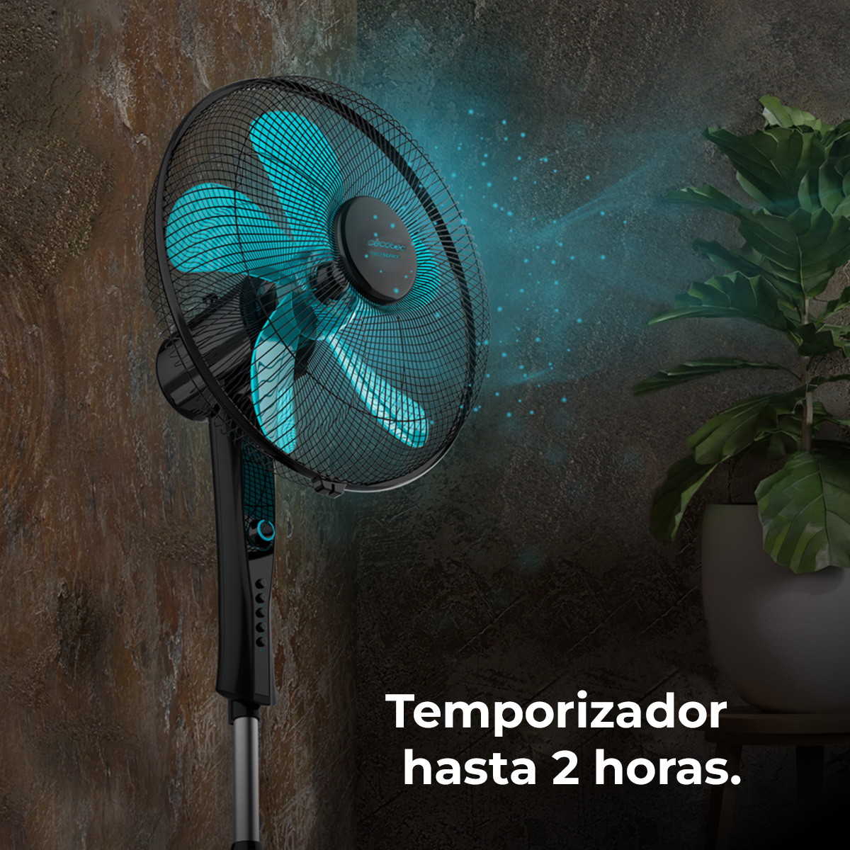 Czarny i turkusowy wentylator wieje chłodnym powietrzem. Roślina po prawej. Tekst mówi: 'Temporizador hasta 2 horas'.