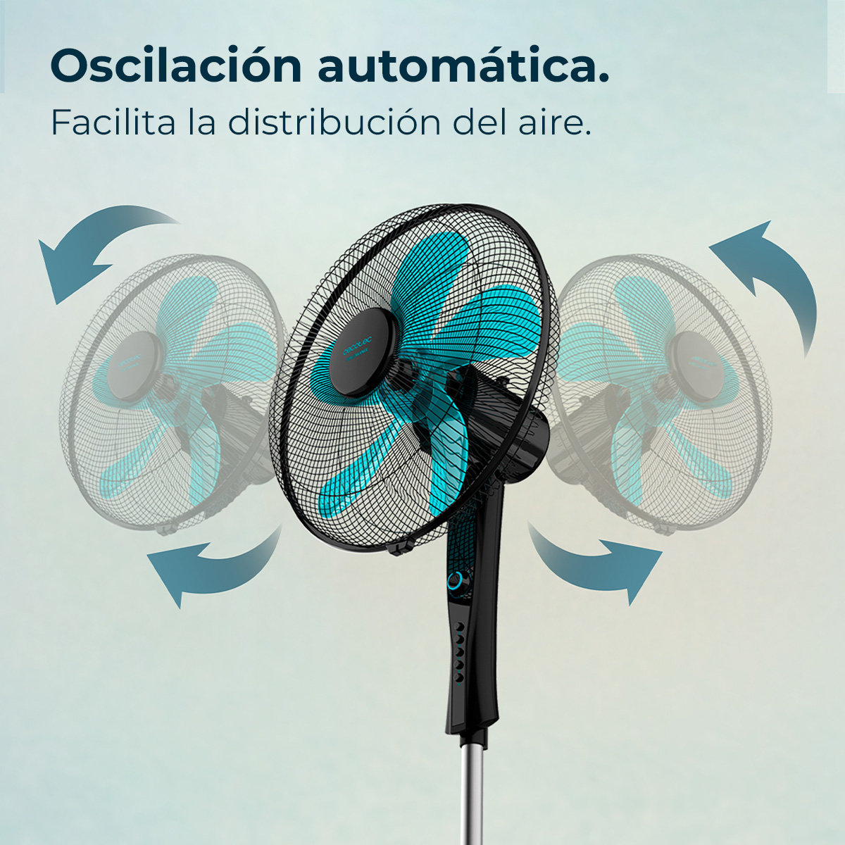 Czarny i turkusowy wentylator oscylacyjny. Łopatki są turkusowe, wentylator jest czarny. Strzałki pokazują jego oscylacyjny ruch.