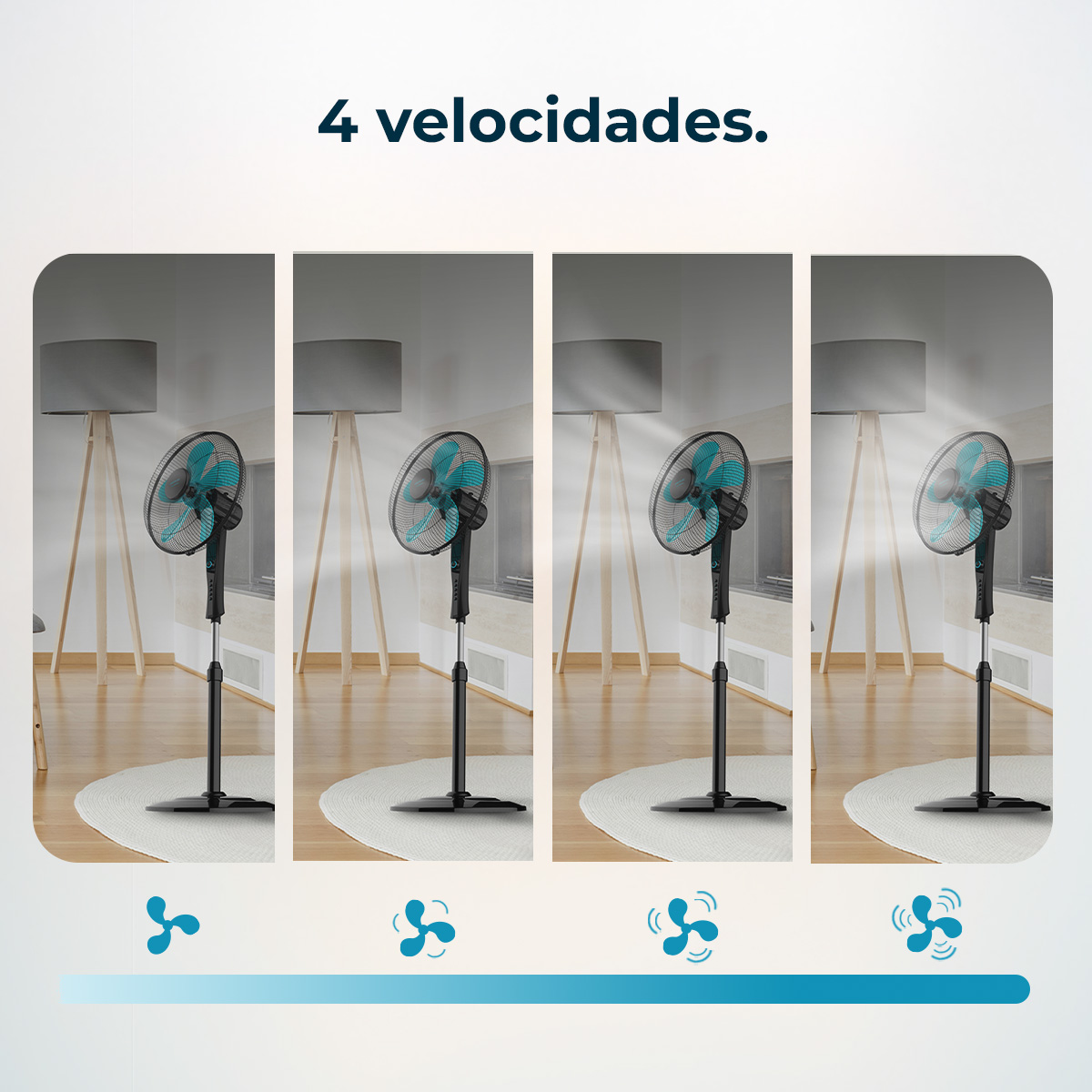 Wyświetlane są cztery wentylatory o różnych prędkościach. Każdy wentylator ma czarną podstawę i niebiesko-czarną głowicę.