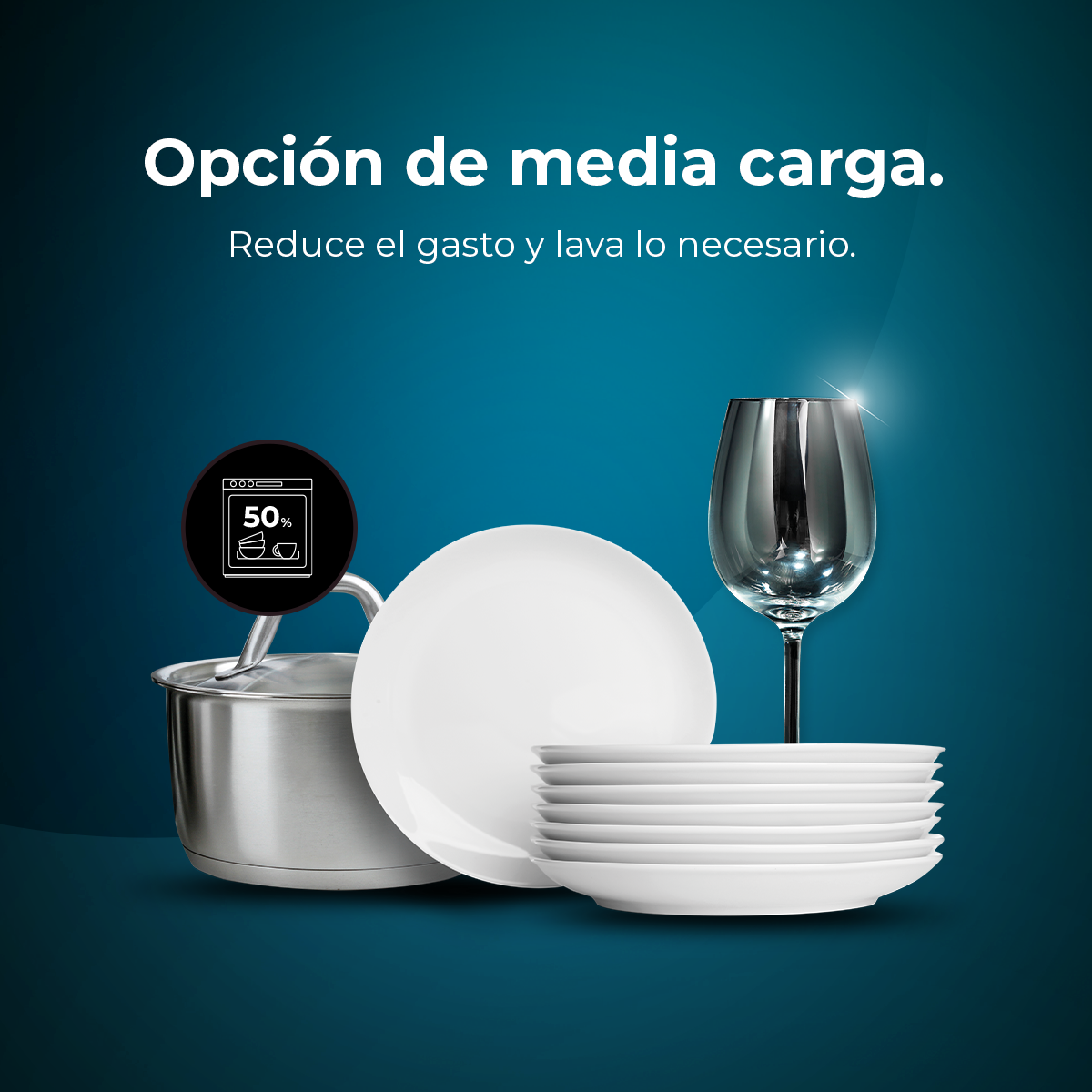 Obraz przedstawia garnek, talerze, kieliszek do wina oraz tekst o opcji połowy załadunku dla zmywarek, z symbolem 50%.