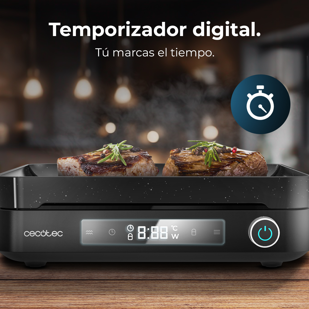 Un temporizador digital asando filetes. Parrilla negra con pantalla digital. Icono de temporizador. Filetes con romero. Fondo oscuro con texto.