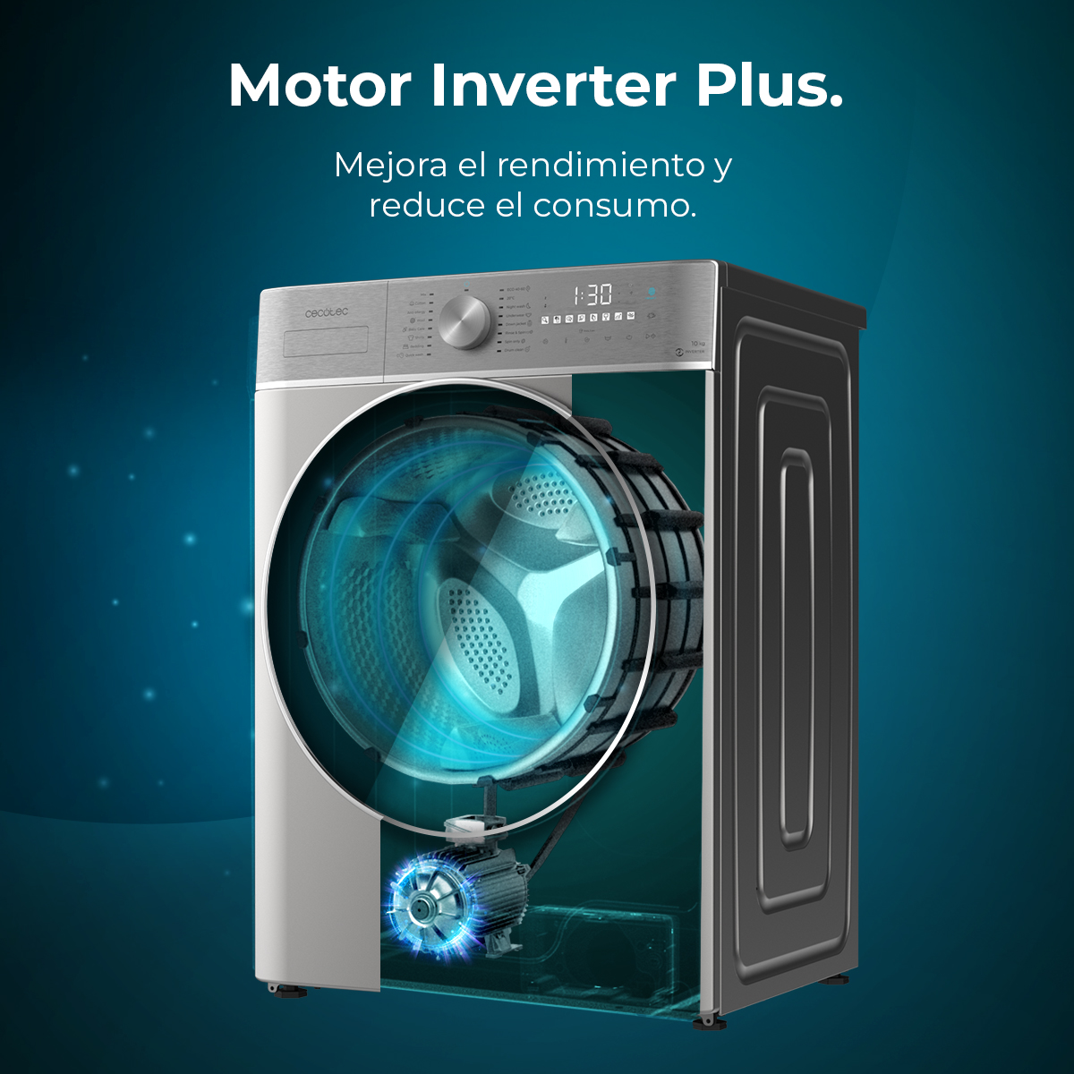 Pralka z przezroczystym bębnem, ujawniająca swoje wewnętrzne elementy, w tym silnik. Tekst mówi 'Motor Inverter Plus'.