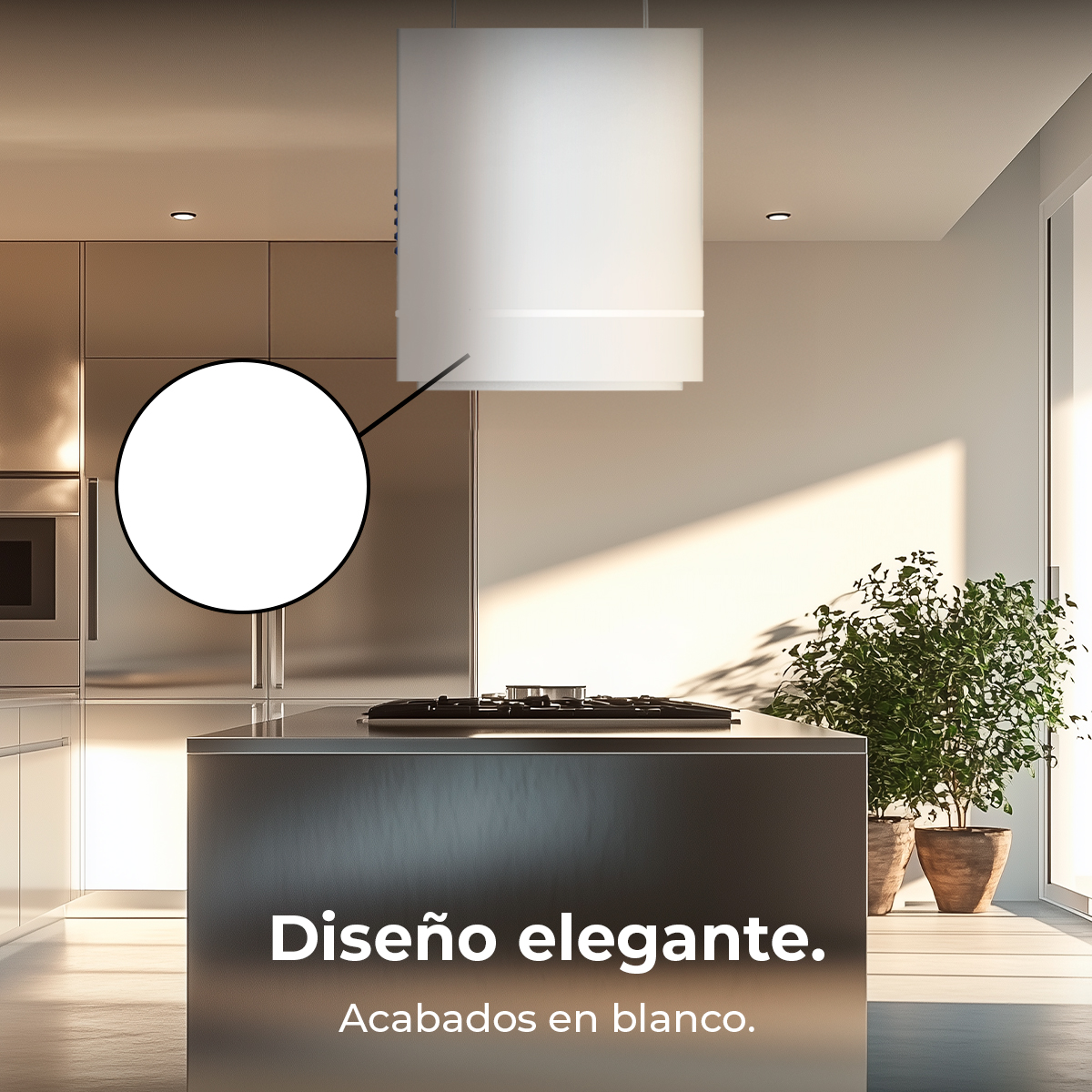 Cucina moderna con cappa bianca, isola in acciaio inox e pianta in vaso. Entra la luce solare. Testo: Design elegante, finiture bianche.