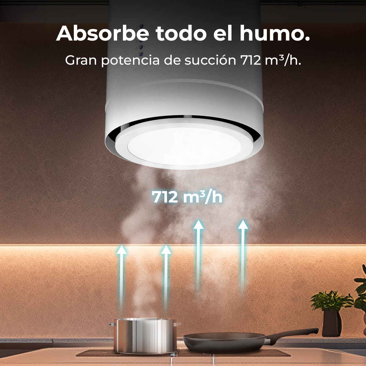 Una cappa da cucina sopra un fornello con pentole e padelle. Le frecce mostrano il fumo aspirato. Testo: Absorbe todo el humo.