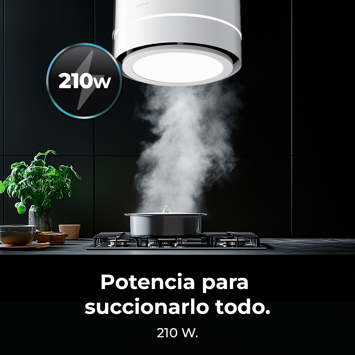 Scena di cucina con pentola sul fornello, vapore che sale verso una cappa bianca. Un pulsante di accensione mostra 210W. Testo: 'Potencia para succionarlo todo'.