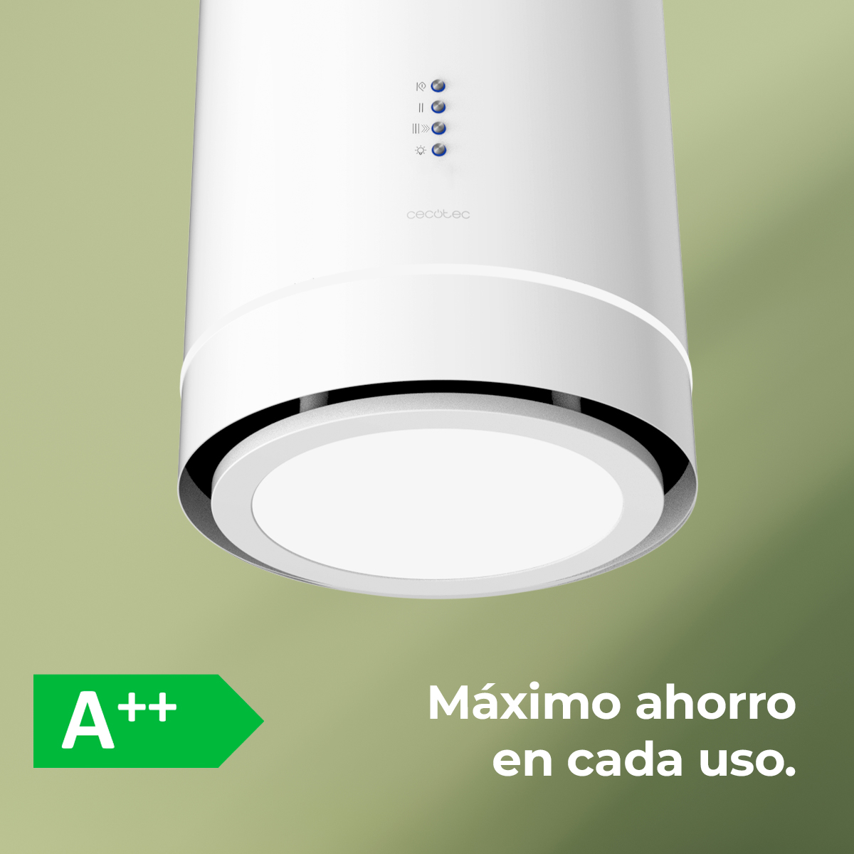 Cappa bianca con luci blu ed etichetta di efficienza energetica verde. Testo: 'Máximo ahorro en cada uso.'
