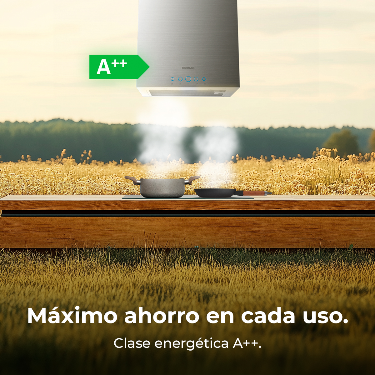 Escena de cocina con campana extractora, ollas y sartenes. El vapor se eleva de las sartenes sobre una mesa de madera, con un fondo de campo.