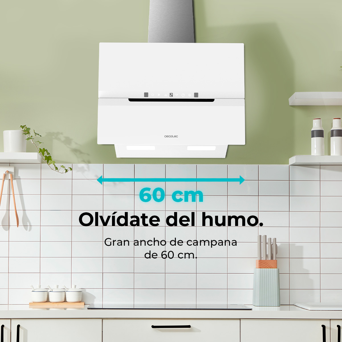 Una campana extractora blanca sobre la estufa con un texto que dice 60 cm. El texto Olvídate del humo significa olvídate del humo.