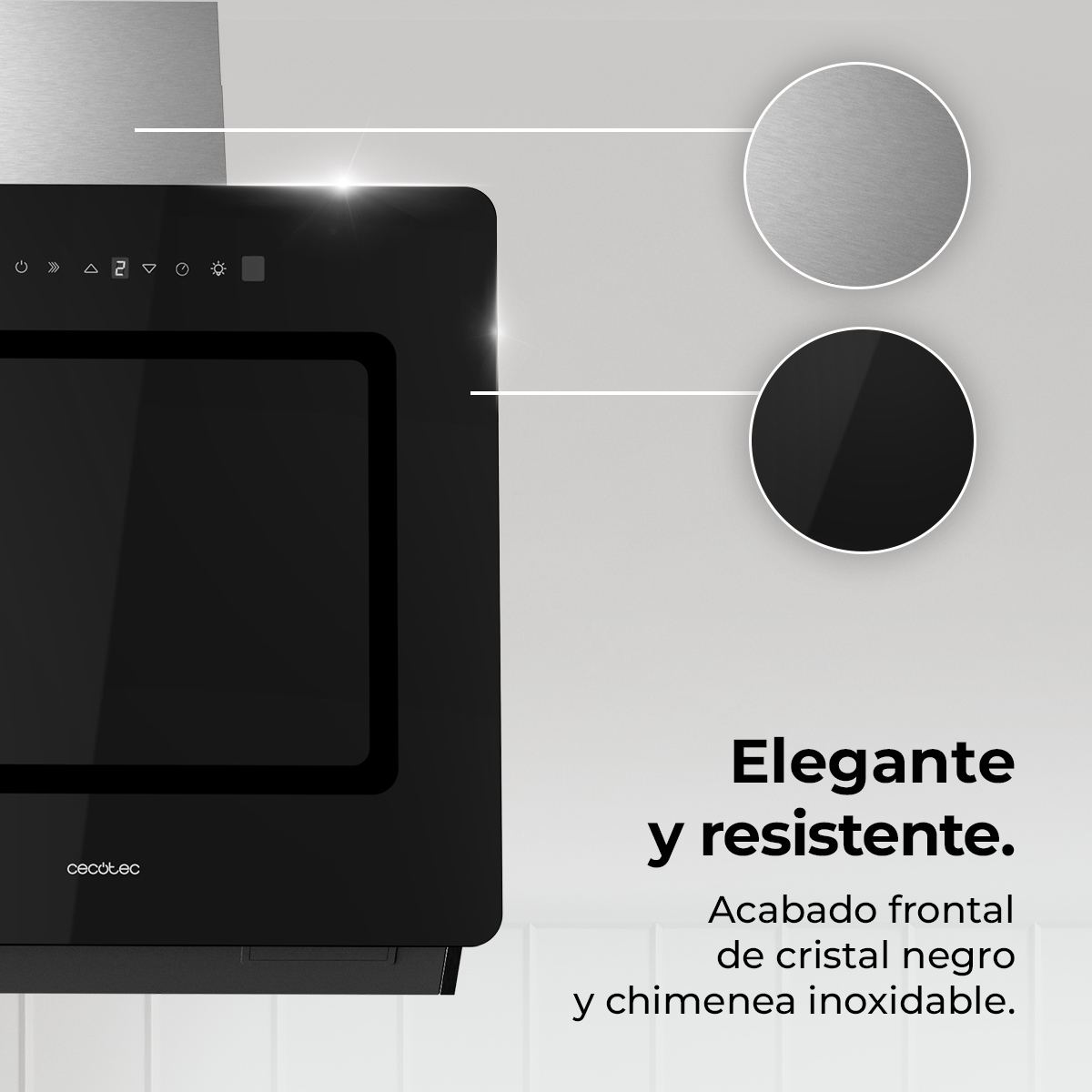 Una cappa da cucina nera con comandi touch e frontale in vetro. Testo: 'Elegante e resistente', dettagli dei materiali.