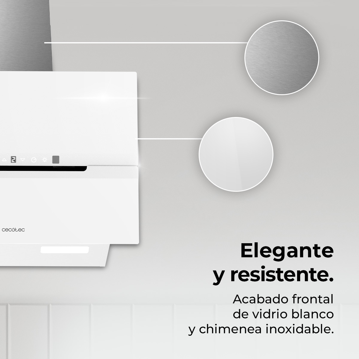 Una campana de cocina blanca con frente de cristal y chimenea de acero inoxidable. Dos círculos y texto.
