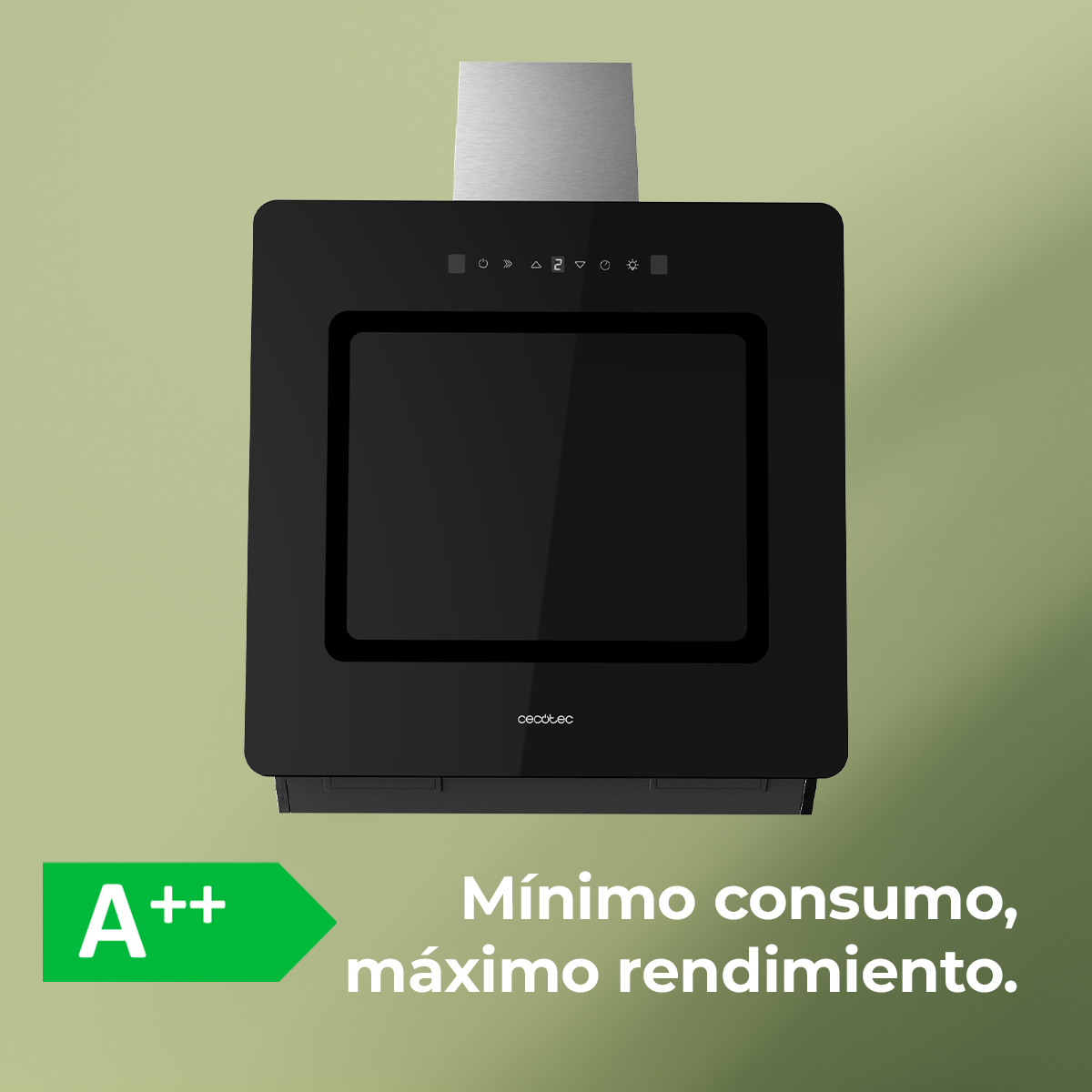 Una cappa da cucina nera con display digitale, etichetta di efficienza energetica A++ e la scritta: Consumo minimo, massima resa.