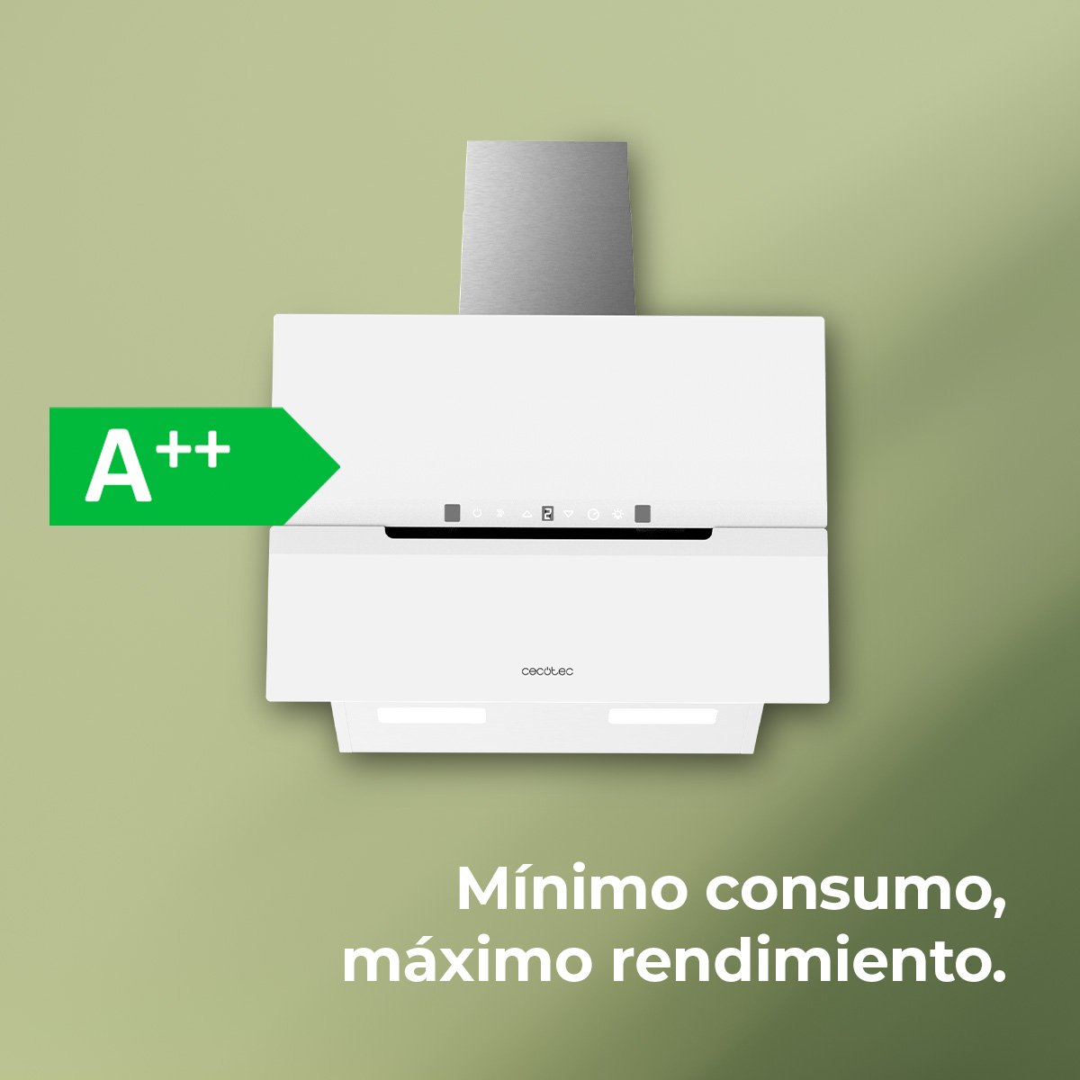Campana extractora blanca con chimenea metálica. Etiqueta energética A++ visible. El texto dice: Mínimo consumo, máximo rendimiento.