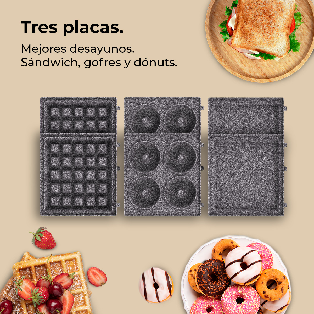 L'immagine mostra tre piastre di cottura: waffle, ciambella e griglia. Vengono inoltre visualizzati un sandwich, waffle e ciambelle.