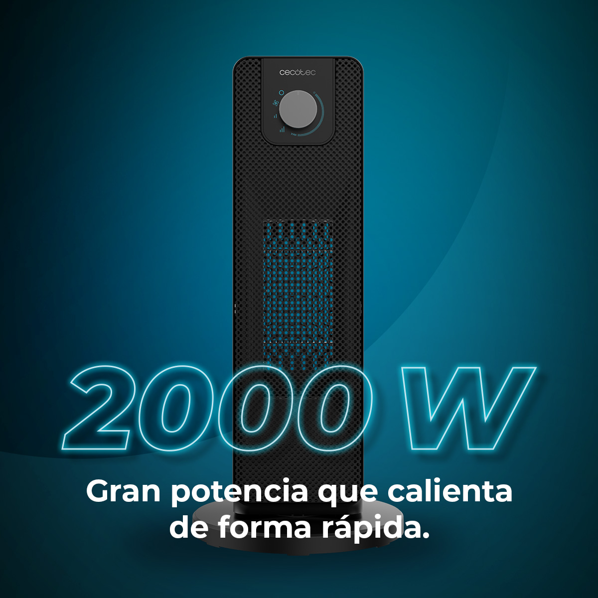 Riscaldatore Cecotec nero con dettagli blu e quadrante. Il testo "2000 W" è visualizzato. Sotto, il testo recita "Grande potenza che riscalda velocemente."