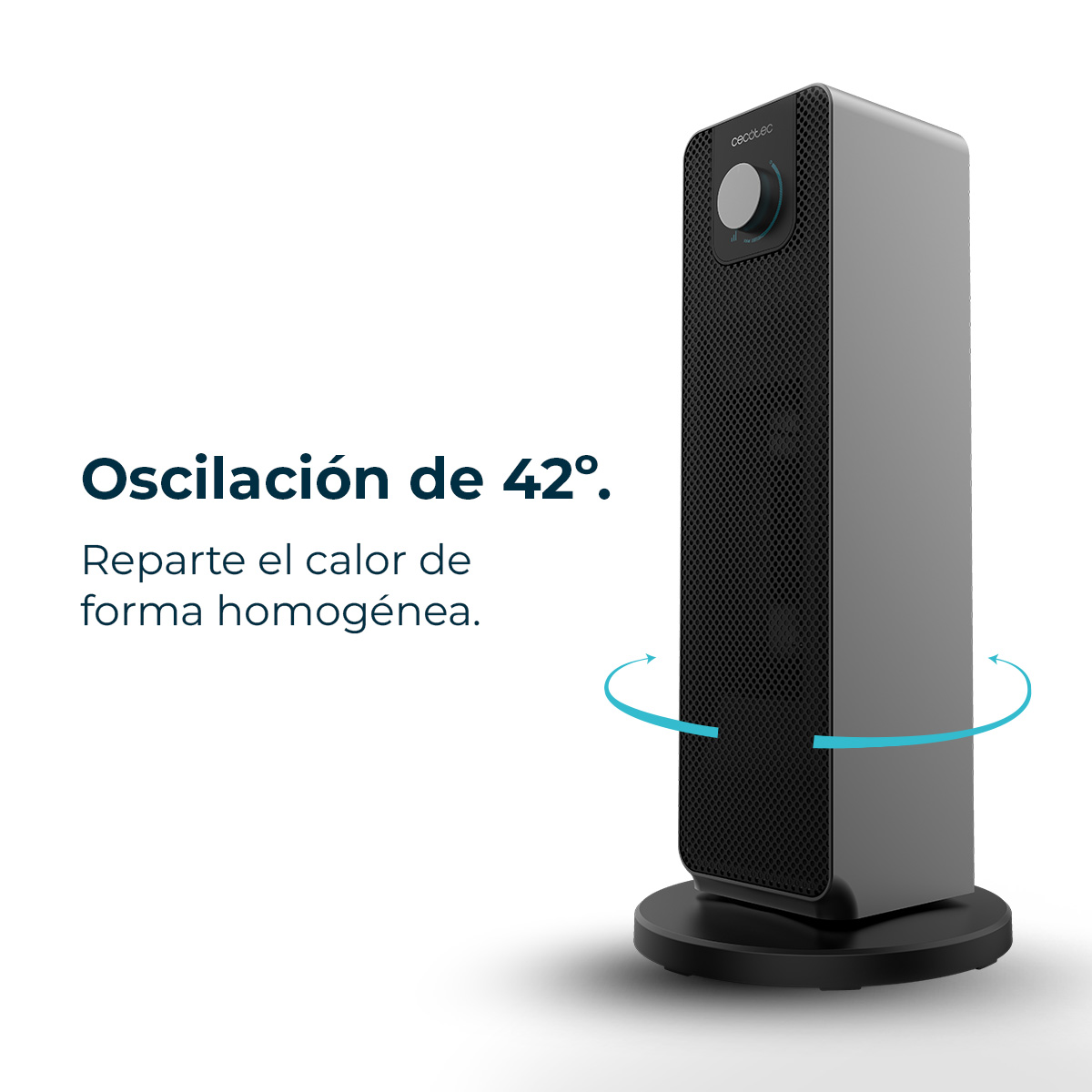 Un riscaldatore oscillante grigio e nero su sfondo bianco. Il testo indica oscillazione di 42 gradi e distribuzione uniforme del calore.