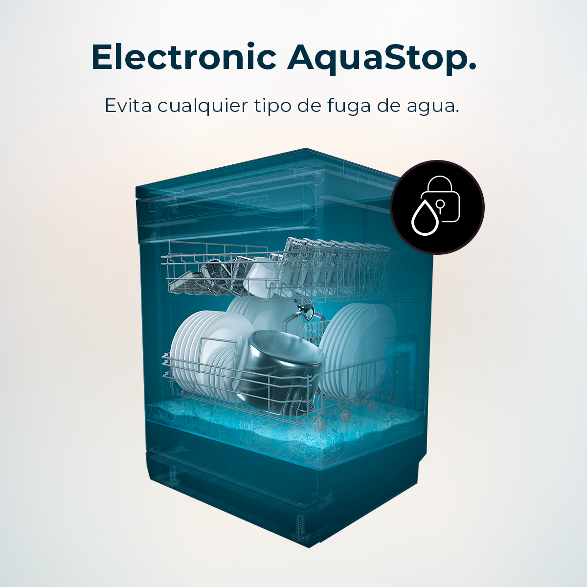 Ilustracja zmywarki z naczyniami w środku. Tekst: 'Electronic AquaStop' i 'Evita cualquier tipo de fuga de agua'.