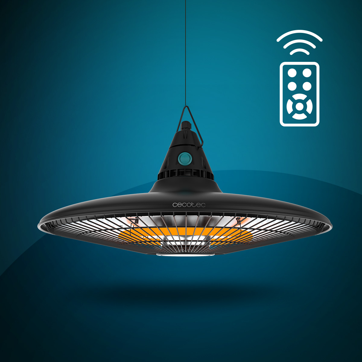 Riscaldatore da esterno nero sospeso con elemento riscaldante arancione, icona telecomando e sfondo blu.