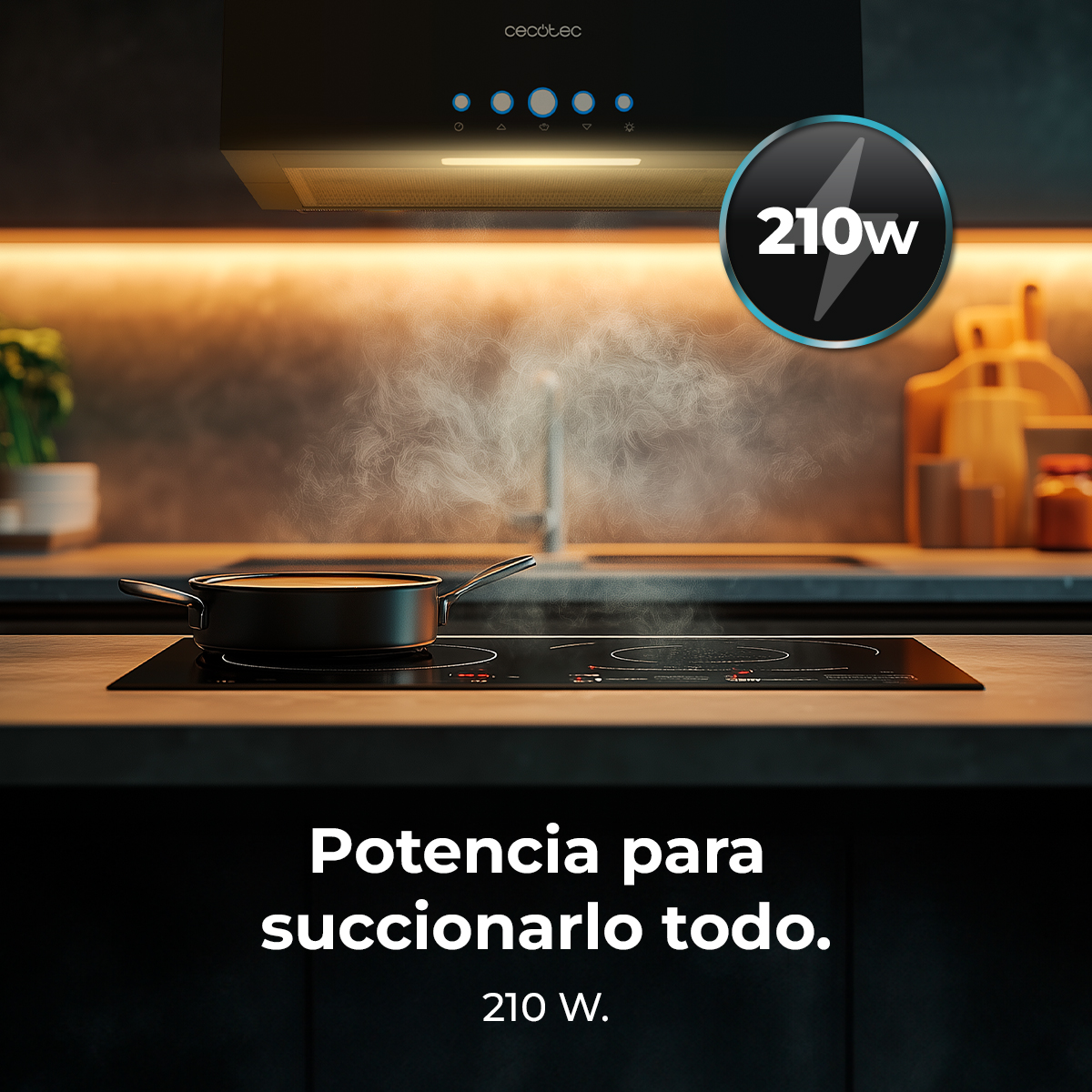 Escena de cocina con vitrocerámica negra, olla y vapor ascendente. Visible un logo de 210W. Texto: Potencia para succionarlo todo.