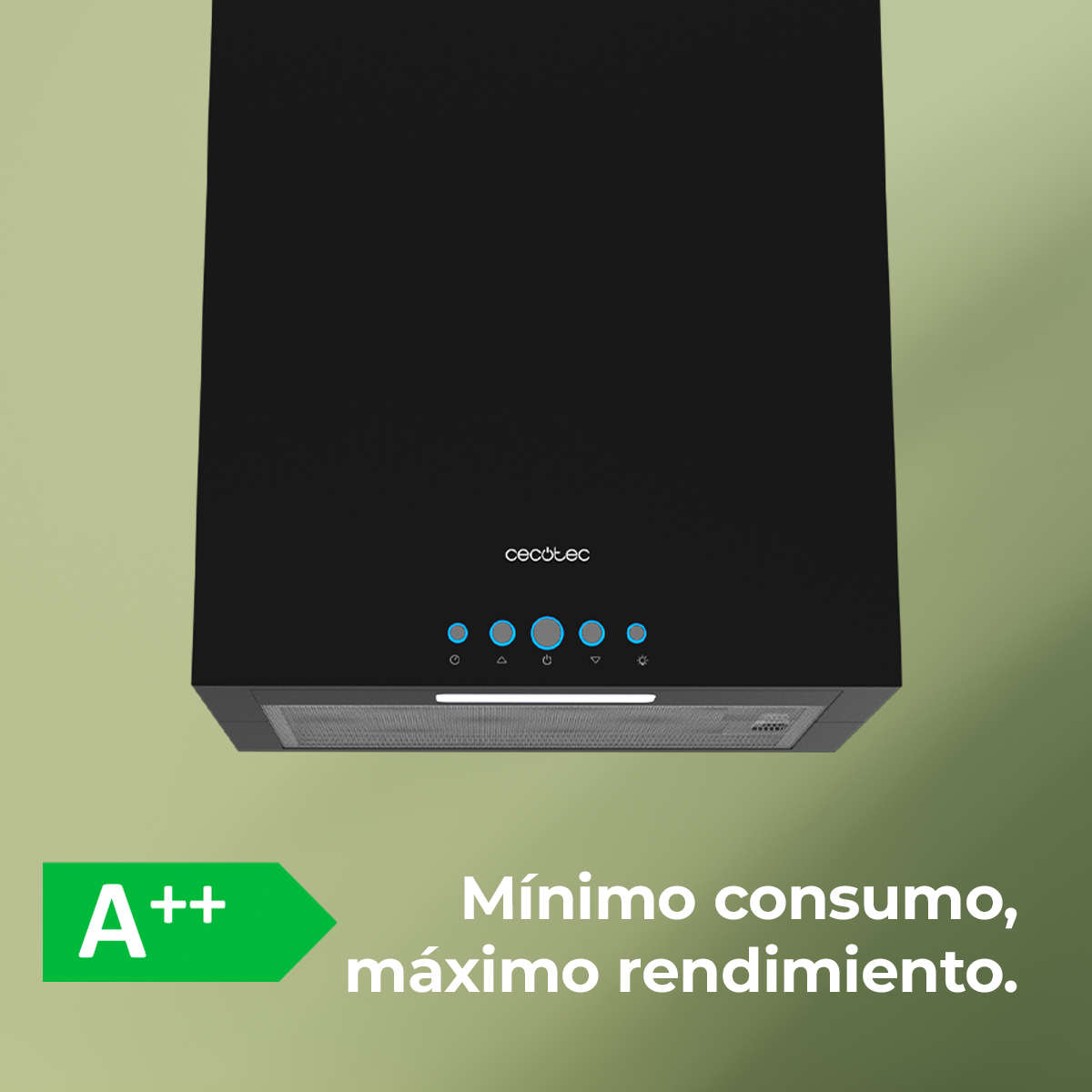 Campana extractora negra con luces y botones azules. Etiqueta energética verde A++ y texto español sobre bajo consumo y alto rendimiento.