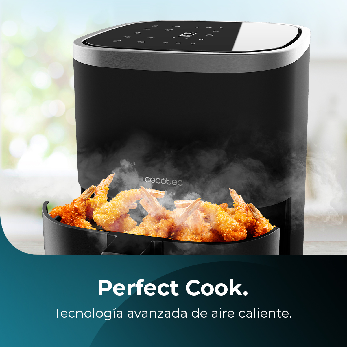 Freidora de aire negra con camarones. Vapor visible. Texto: 'Perfect Cook' y 'Tecnología avanzada de aire caliente'.