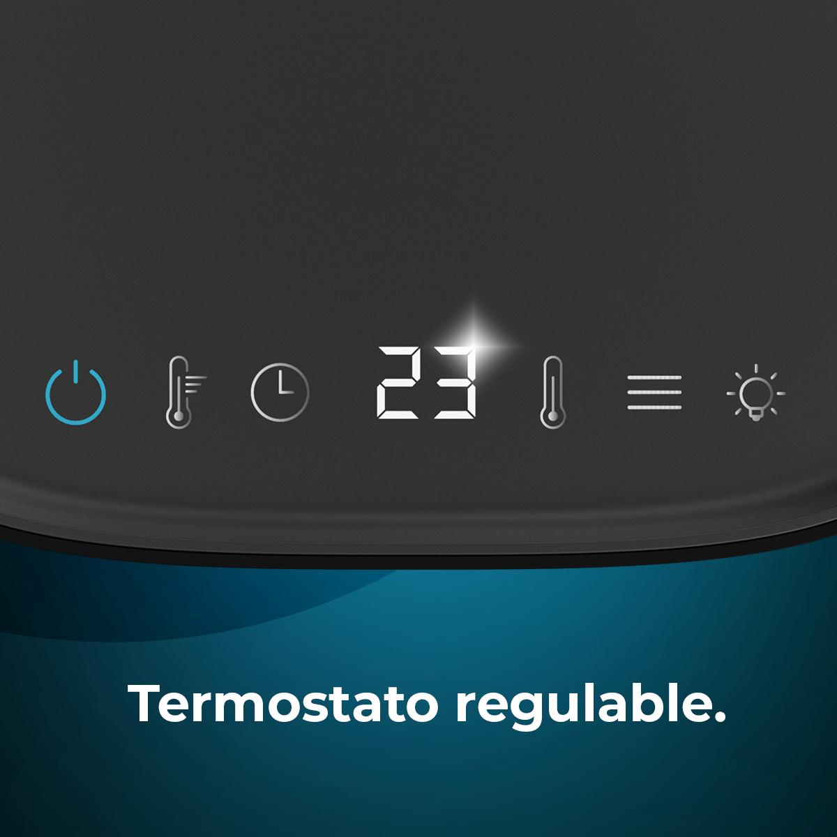 Pannello nero con icone: accensione/spegnimento, termometro, orologio, numero 23, termometro, linee, sole. Testo: Termostato regolabile.