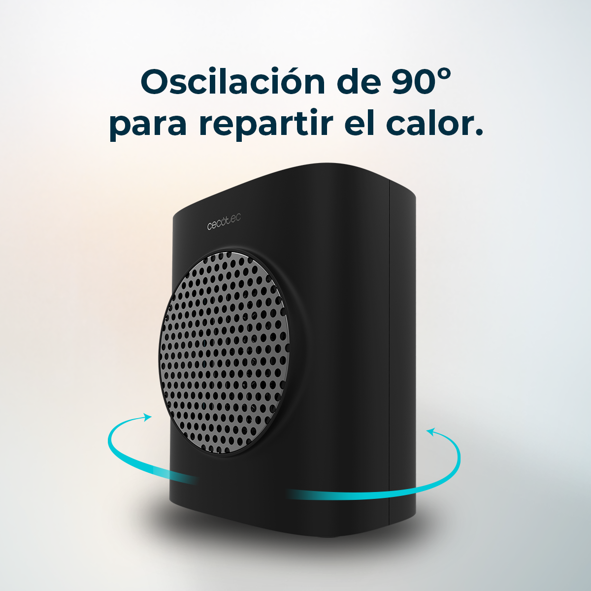 Ventilatore nero con frontale perforato. Testo: 'Oscillazione di 90° per distribuire il calore'. Frecce indicano il movimento.