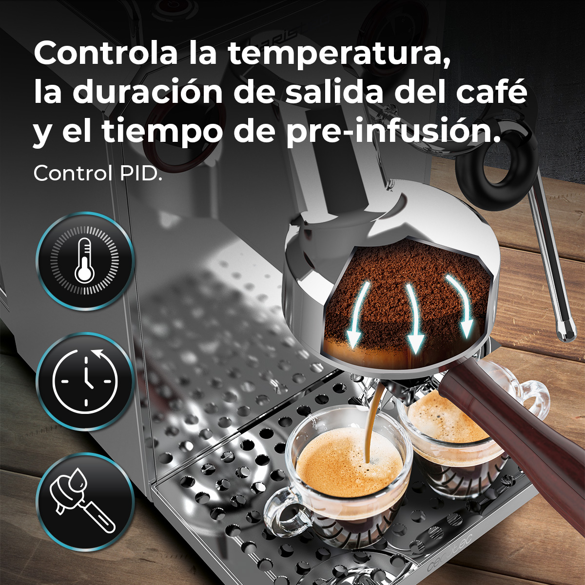 Ekspres do kawy robiący kawę. Dwie filiżanki się napełniają. Tekst: Kontrola temperatury, czasu parzenia, preinfuzji. Ikony temperatury, czasu i kolby.