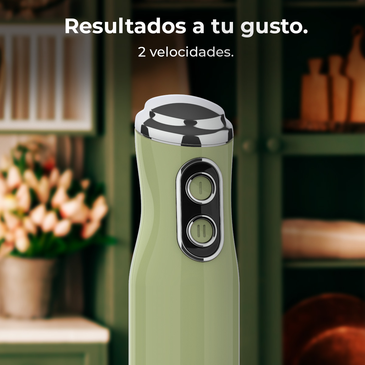 Una batidora de inmersión verde con dos botones está centrada. El texto superior dice 'Resultados a tu gusto'. El fondo es una cocina.