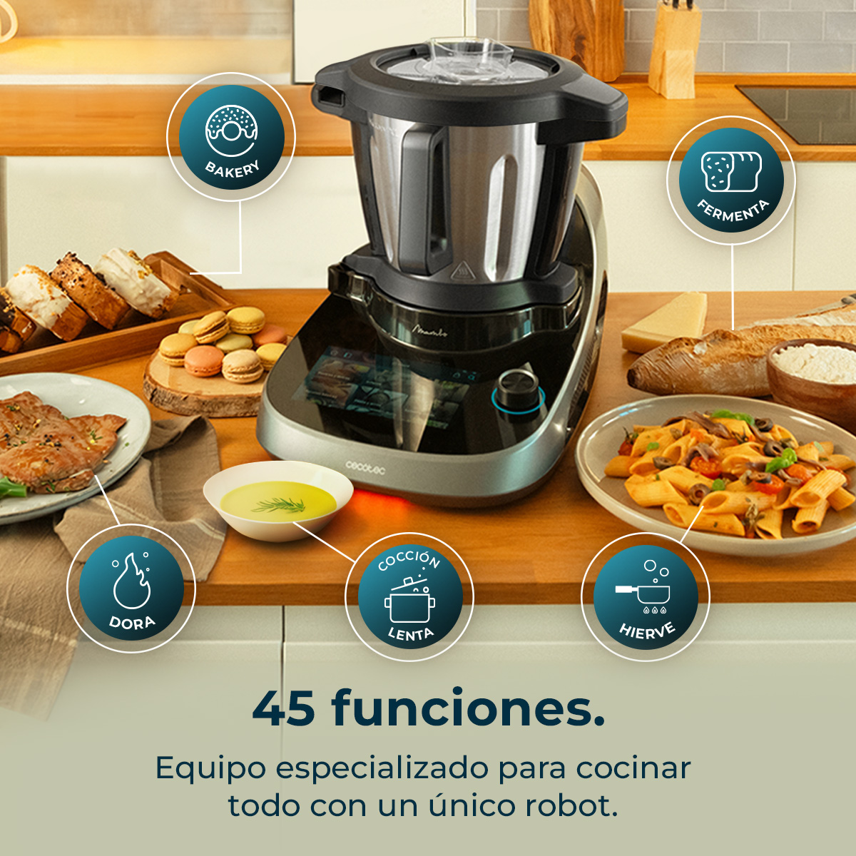 Un robot da cucina con vari alimenti, tra cui pane, pasta e ingredienti. Ha 45 funzioni.