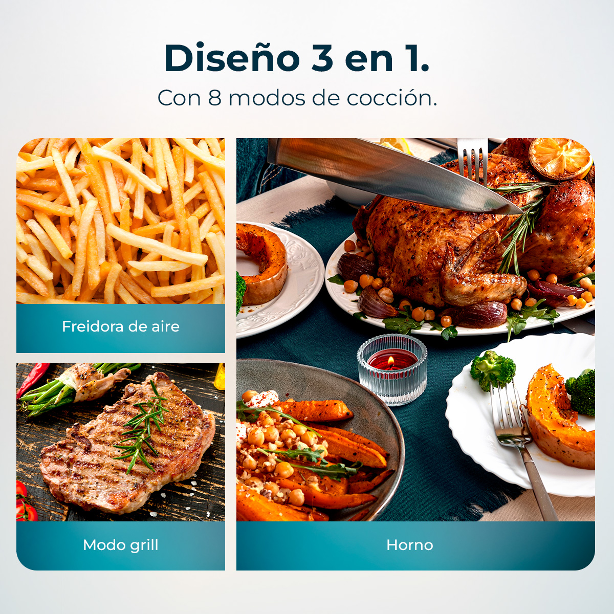 Obrazek pokazuje 3 tryby gotowania: frytkownica (frytki), grill (stek) i piekarnik (pieczony kurczak i warzywa). Tekst: 3 w 1, z 8 trybami.
