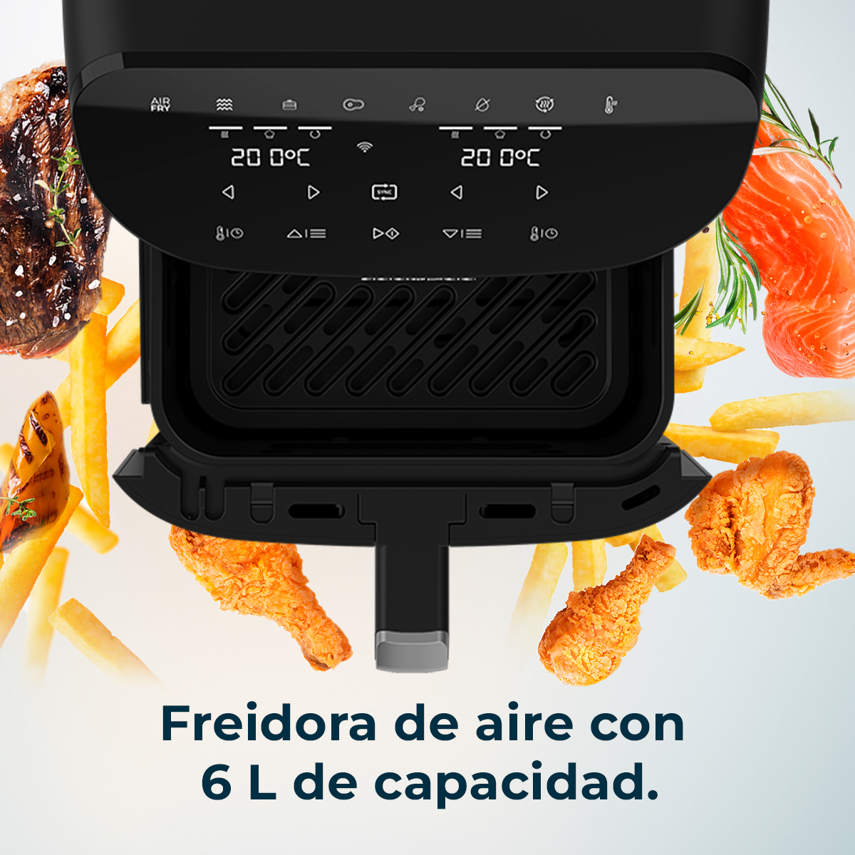 Frytownica powietrzna z jedzeniem, takim jak kurczak, stek i frytki. Wyświetlacz frytownicy pokazuje ustawienia. Tekst na dole: 'Frytownica powietrzna o pojemności 6L'.