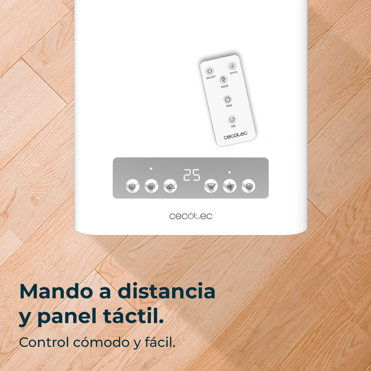Un pannello bianco con telecomando, che mostra un display digitale con il numero 25. Il telecomando ha diversi pulsanti.