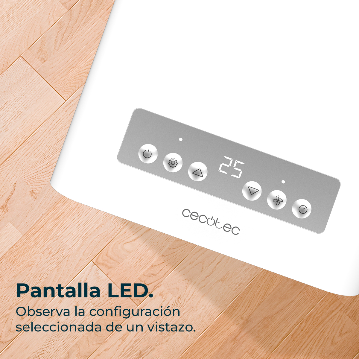 Un dispositivo bianco con un display digitale che mostra 25. Ha pulsanti di controllo e il marchio 'Cecotec'. La superficie è in legno.