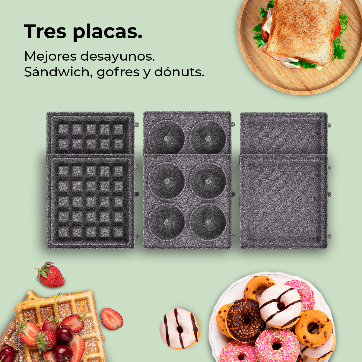 Das Bild zeigt Waffeleisenplatten, Sandwich, Waffeln und Donuts. Die Szene hat einen hellgrünen Hintergrund. Es bewirbt Frühstücksartikel.